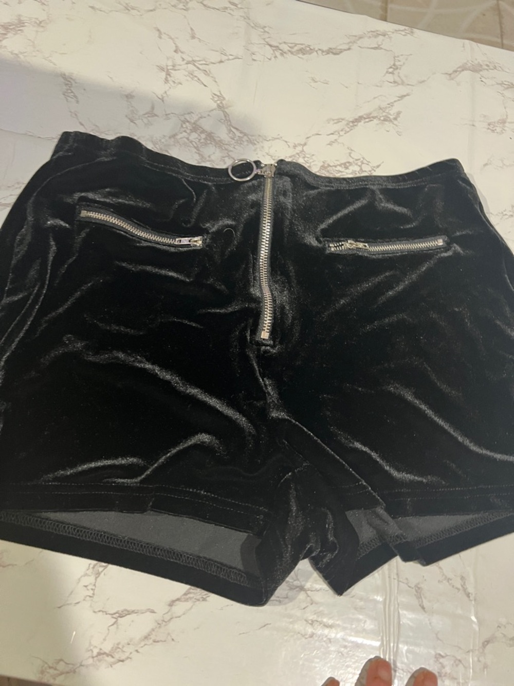 SHEIN Black Velvet High-Waist Shorts with Front Zippers